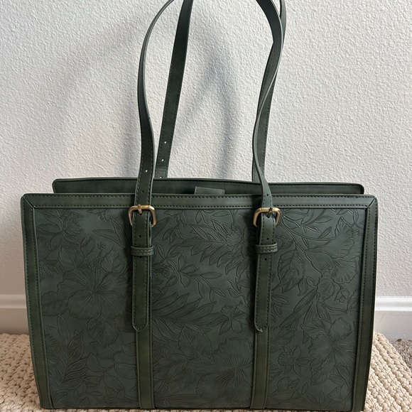 Leather Style Embossed Floral Forest Green Women's Tote Bag - Picture 7 of 15